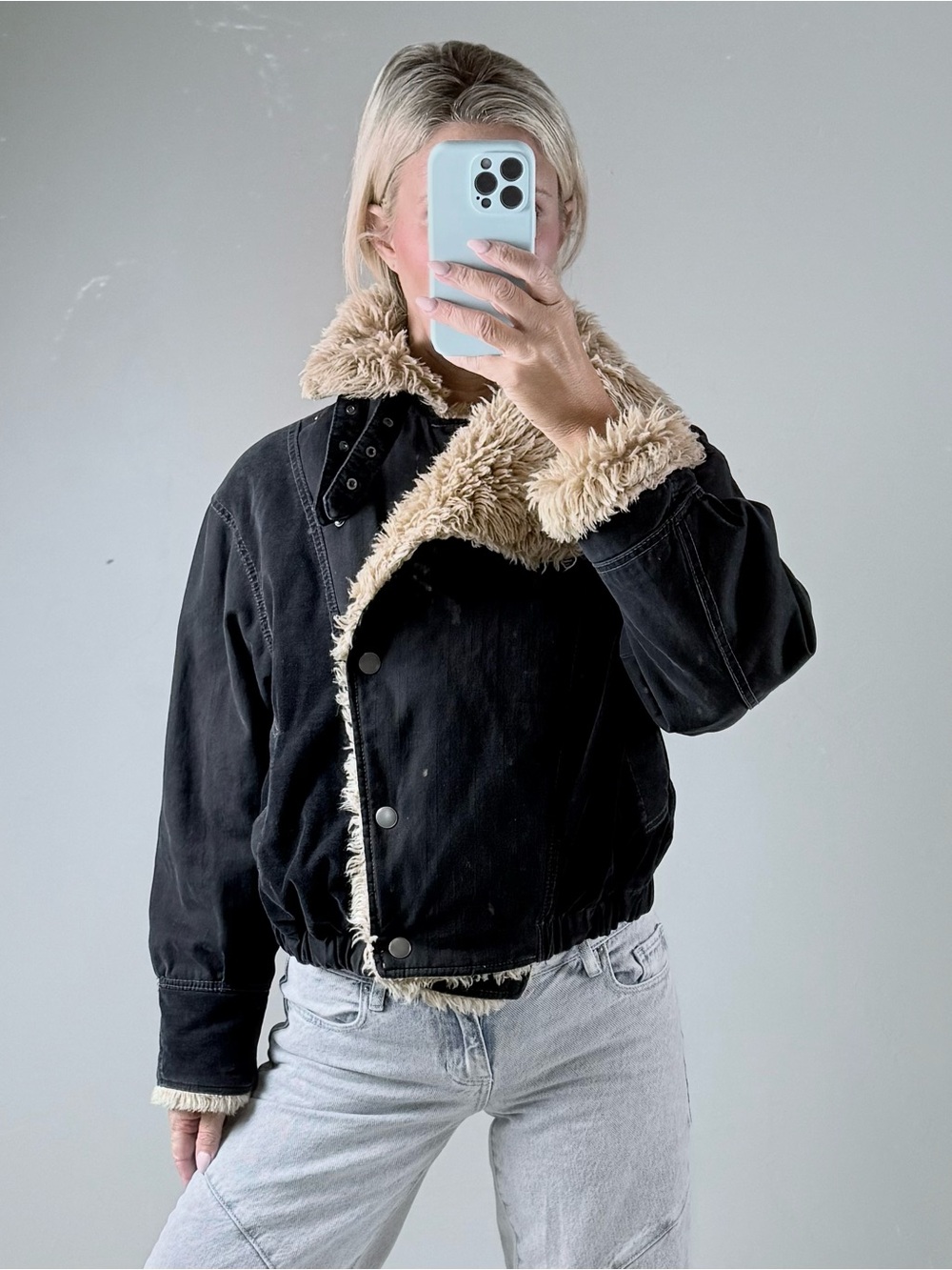 Free People Black Bomber Jacket with Cream Sherpa Trim high collar buckles